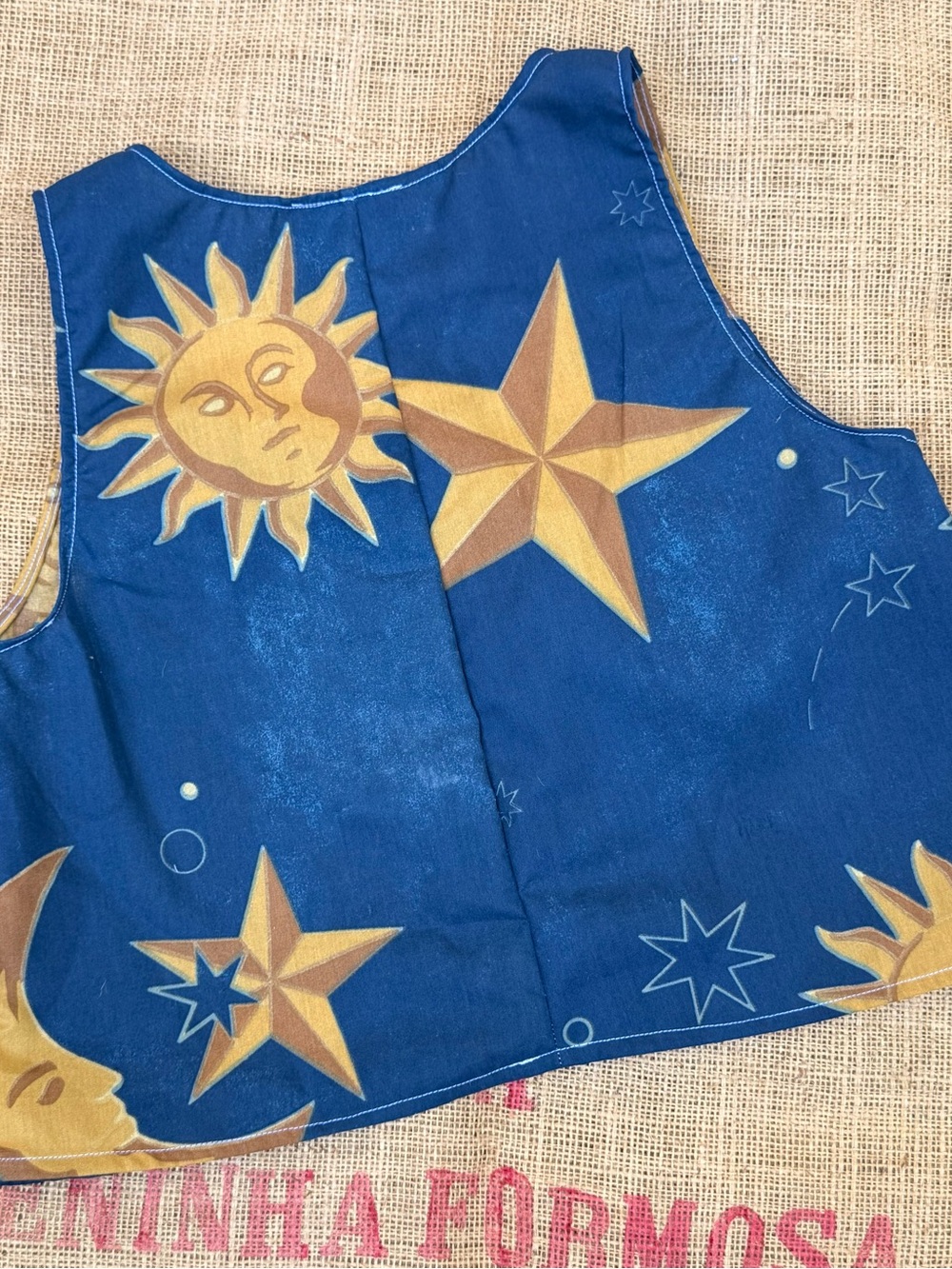 Handmade vintage Sun & Moon fabric top- Blue & Yellow - Picture 3 of 5